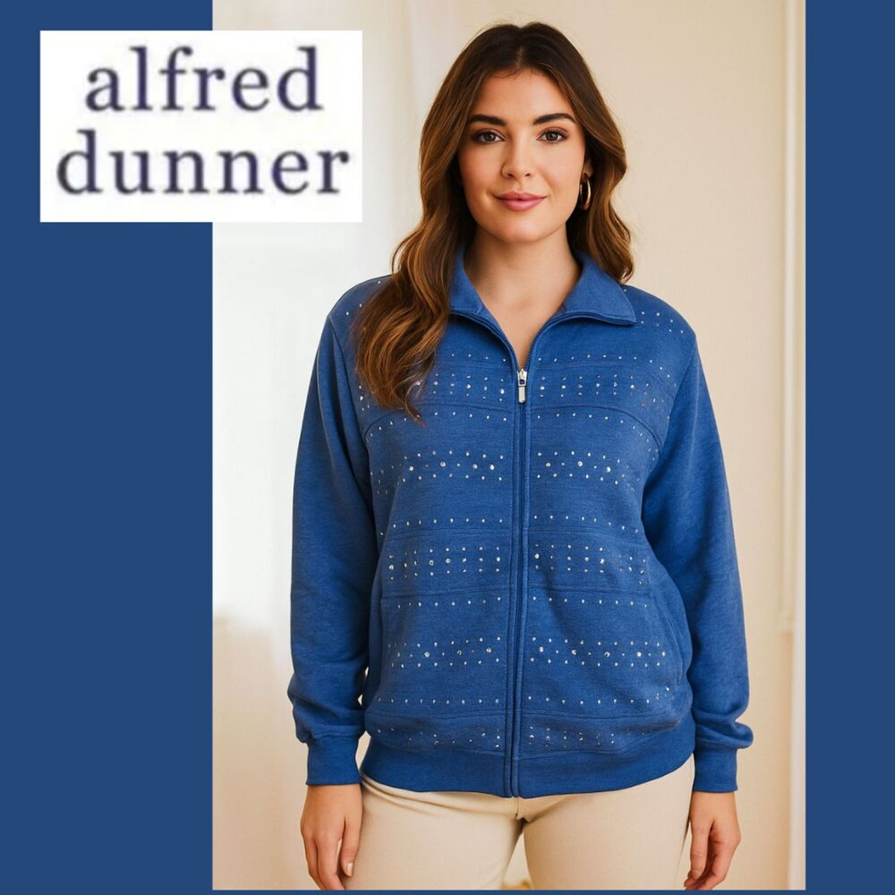 Alfred Dunner Faux Denim Rhinestone Zip Up Jacket